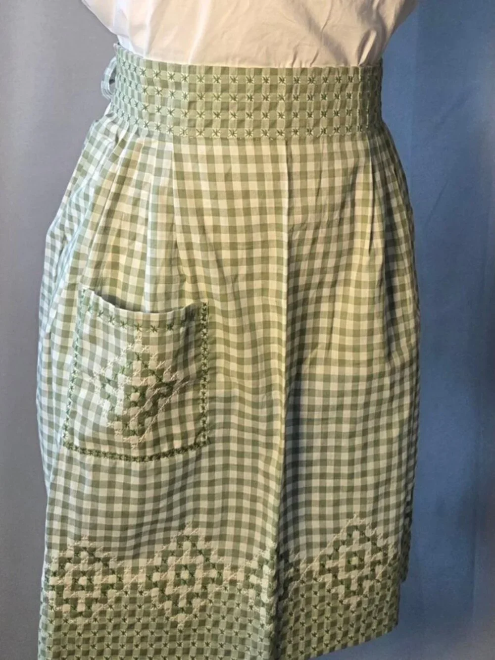 Handmade Vintage Style Embroidered Gingham Half Apron Cottagecore Farmhouse